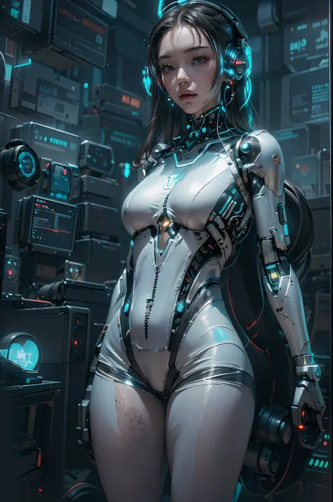 1girll，(full body:1.4),(cyber punk perssonage:1.3)，Bring headphones，Illuminated helmet and headphones，glowing jewelry，Glowing earrings，Glowing necklace，inside in room，Electronic wire background，best qualtiy，tmasterpiece，Movie filter presets，movie level lig...