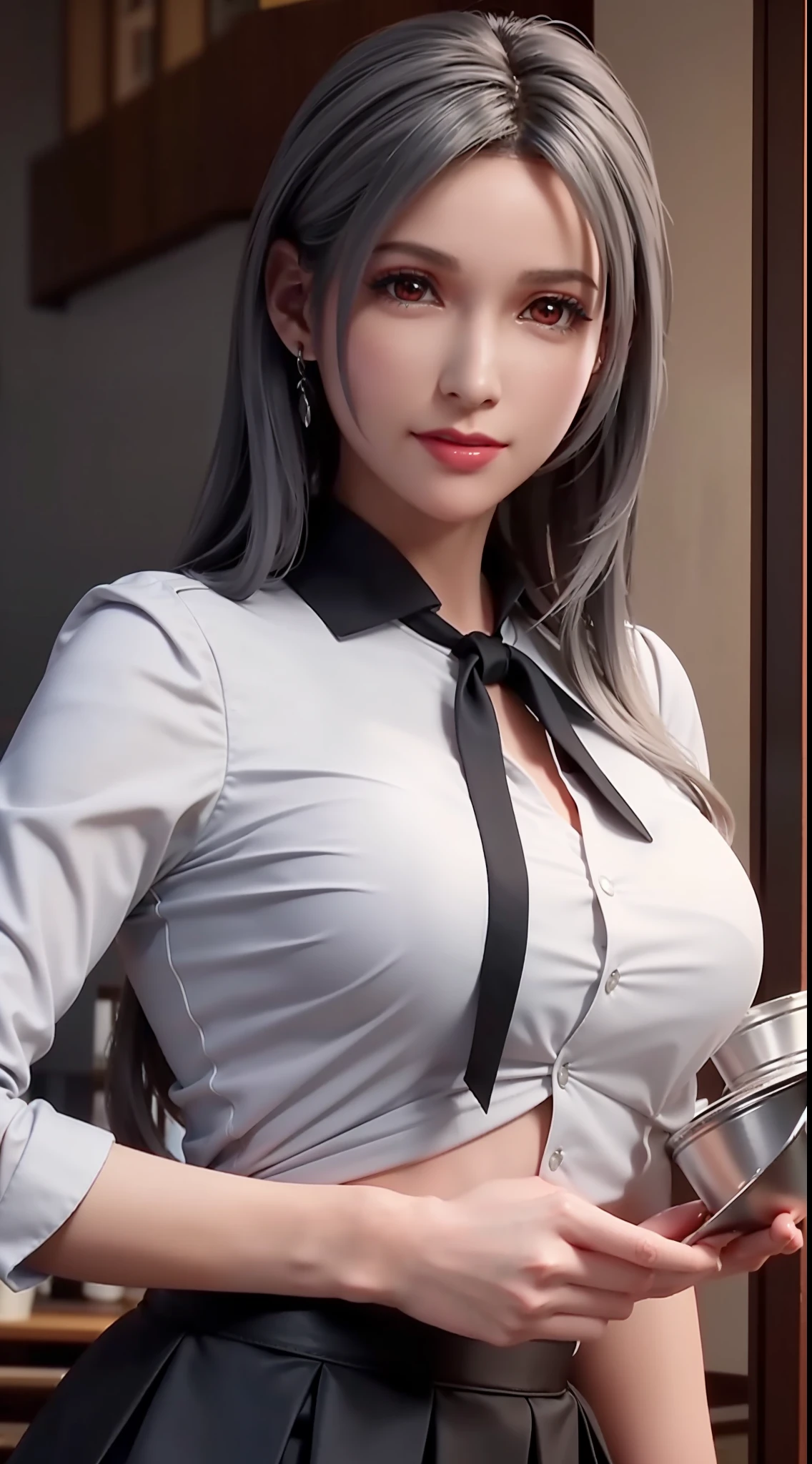 sakuyarindou768 (Wearing business outfit,formal jacket,neck tie, tie,white shirt, skirt, heels,High waist Skirt)( big perfect round breasts,hourglass body, thin waist,btpt-fc,Photo realistic, (hyperrealistic:1)beautiful, masterpiece, best quality, extremely detailed face, perfect lighting,detailed eye makeup, detail face, nice detailed eyes,nice hands, perfect hands (realistic pupils,realistic iris:1) heavy eye makeup,gray hair,long hair,bue eyes,  (working at a restaurant, background restaurant)