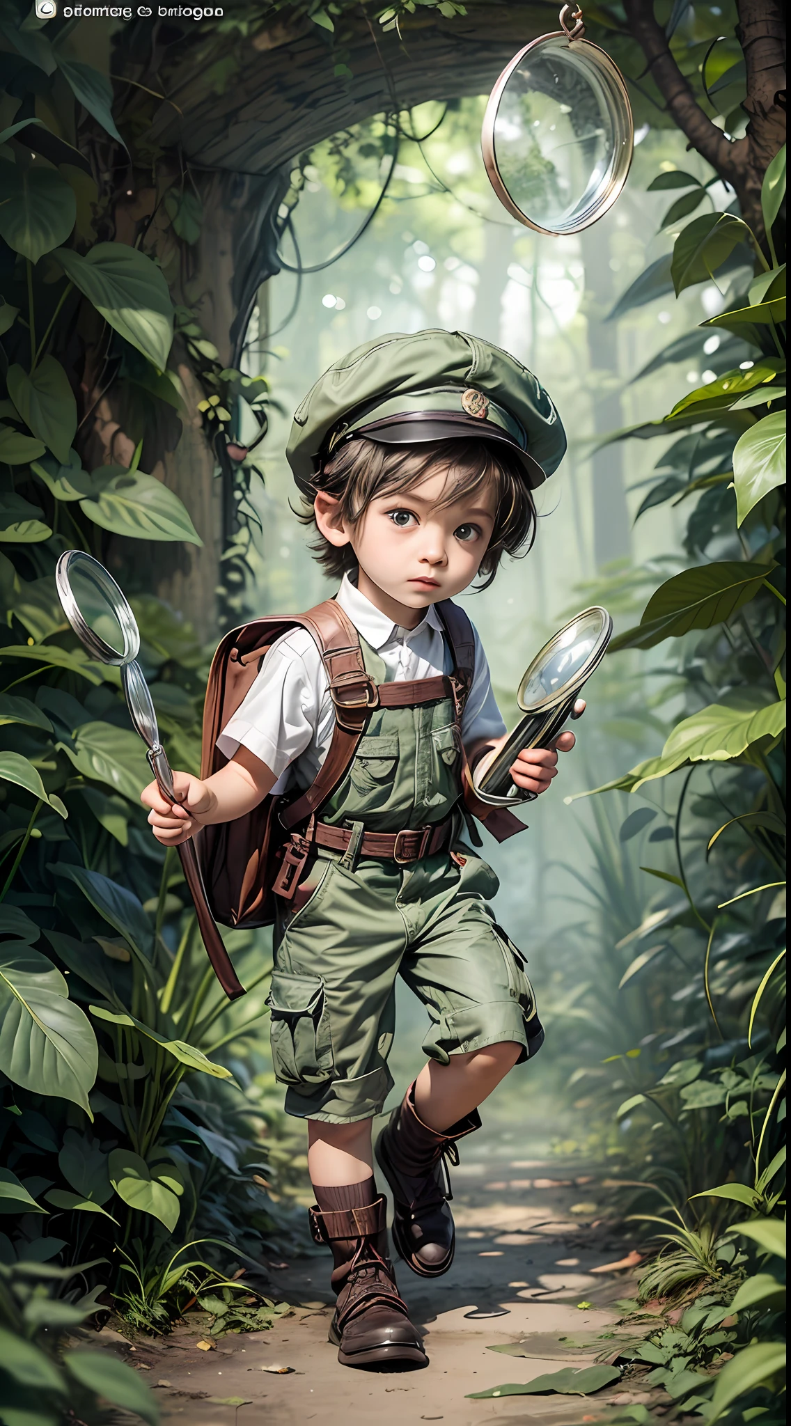 The boy (curious and bright:1.2), (explorer's outfit:1.3) ready for adventure, khaki hat shielding from the sun, cargo vest pockets filled with wonder, binoculars hang around his neck, compass in hand guiding his way, sturdy boots treading unknown paths, map unfurled secrets to explore, (magnifying glass:1.4) curiosity's best friend, gazing closely at tiny wonders, insects scuttle mysteries to uncover, leaves rustle wildlife's symphony, imagining worlds yet to be discovered, a world of imagination within his grasp, adventures unfold page by page, the boy an explorer at heart.