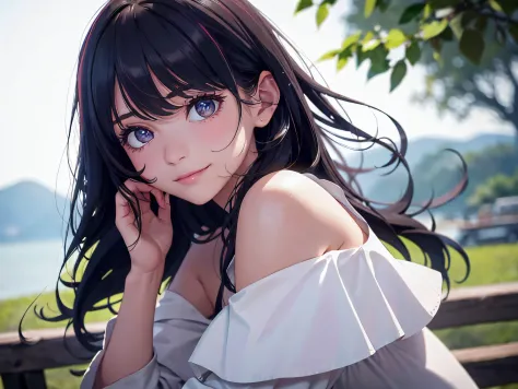 (Best Quality:1.2, 8K, Sharp Focus, master piece: 1.2, Cinematic Light, extremely details CG, beautiful Girl, reality, Detailed face textures, Realistic skin, beautiful makeup, Detailed bangs)), (depth of fields), Bokeh background, Head tilt, Smile, closes...