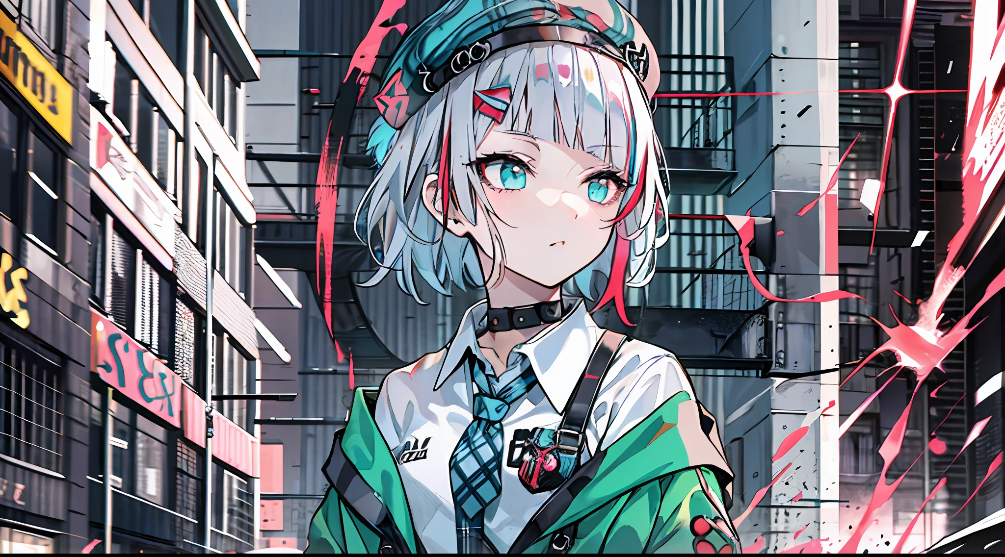 best quality, masterpiece, 1girl, solo,  red gradient streaked hair, short hair, white hair, lily (wacca), black beret, plaid skirt, choker, cyan sweater jacket, collared shirt, black plaid necktie, sleeves past fingers, blunt bangs