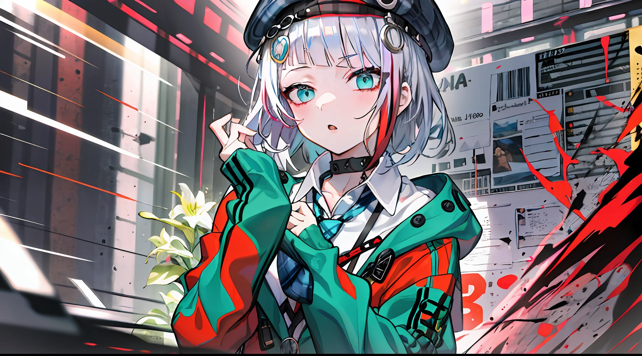 best quality, masterpiece, 1girl, solo,  red gradient streaked hair, short hair, white hair, lily (wacca), black beret, plaid skirt, choker, cyan sweater jacket, collared shirt, black plaid necktie, sleeves past fingers, blunt bangs