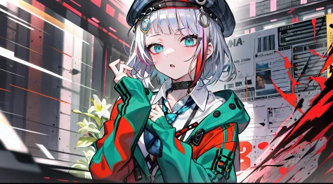 best quality, masterpiece, 1girl, solo,  red gradient streaked hair, short hair, white hair, lily (wacca), black beret, plaid sk...