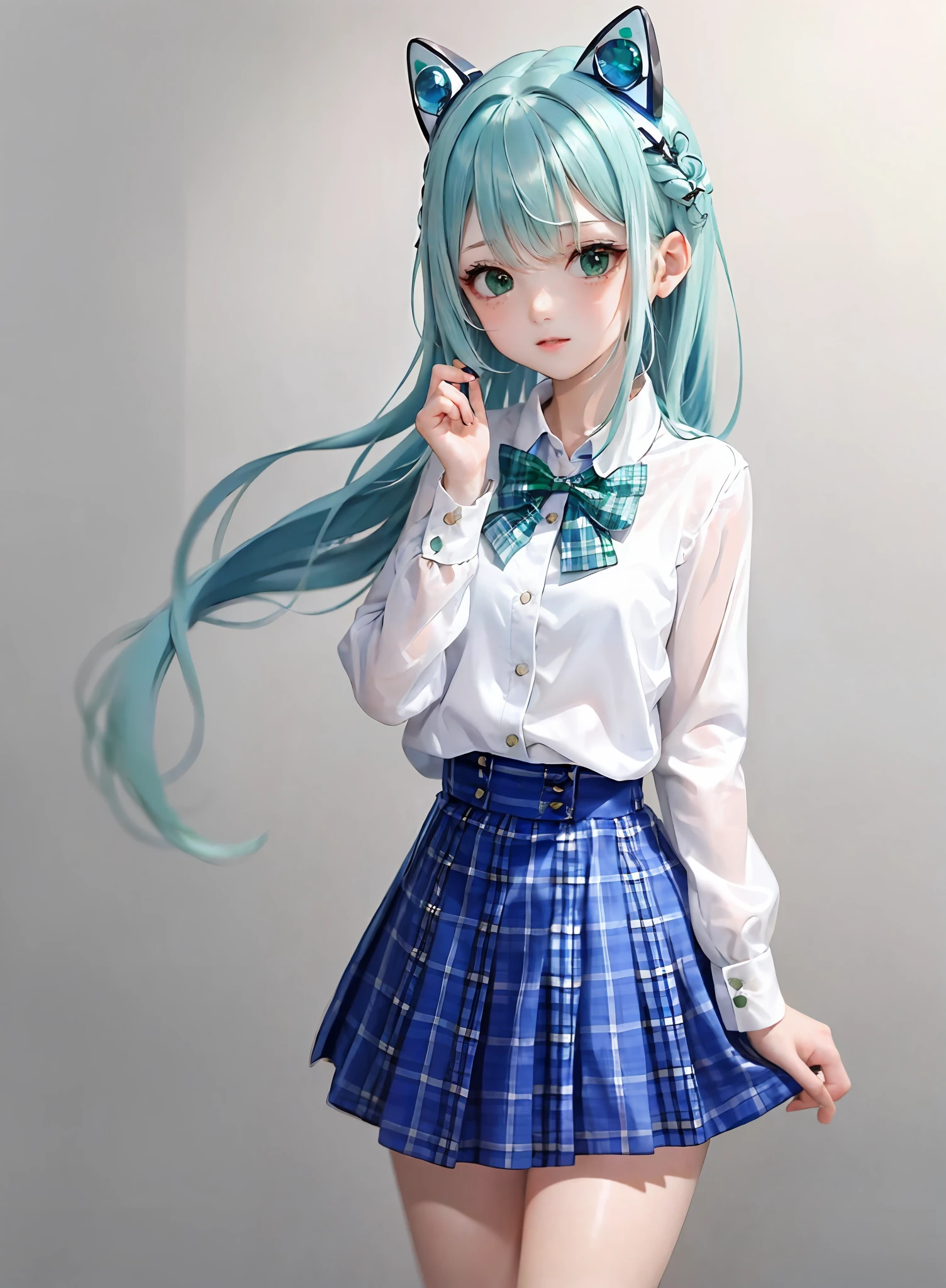 1girl, (masterpiece:1.1), (best quality:1.1), (white blouse:1.1), (plaid skirt:1.1), school uniform, high waist skirt, BREAK [blue:pink:0.5] theme, (gradient background:1.1 ), cowboy shot, BREAK silver hair, long hair,, green eyes, delicate headgear, looking sideways,