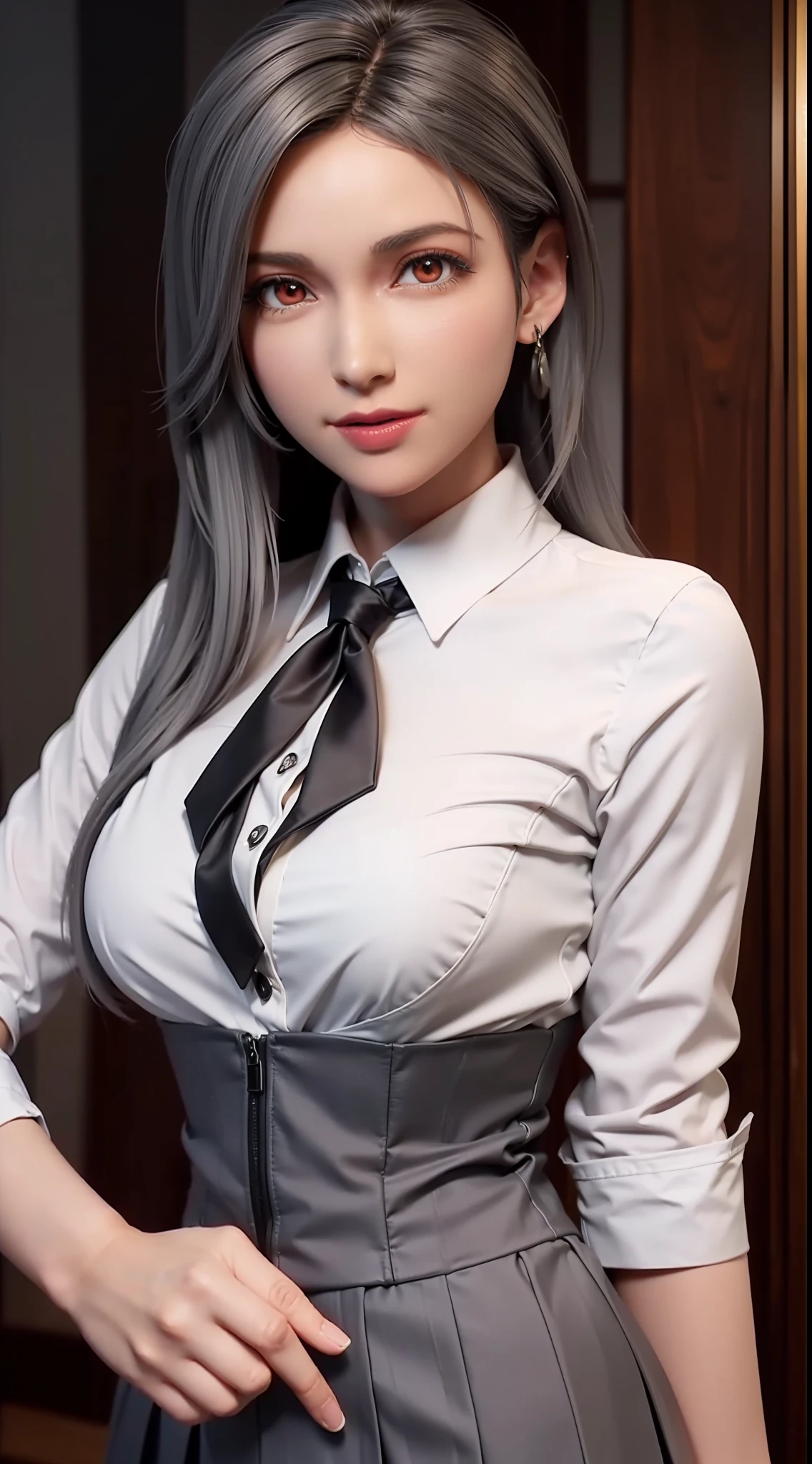 sakuyarindou768 (Wearing business outfit,formal jacket,neck tie, tie,white shirt, skirt, heels,High waist Skirt)( big perfect round breasts,hourglass body, thin waist,btpt-fc,Photo realistic, (hyperrealistic:1)beautiful, masterpiece, best quality, extremely detailed face, perfect lighting,detailed eye makeup, detail face, nice detailed eyes,nice hands, perfect hands (realistic pupils,realistic iris:1) heavy eye makeup,gray hair,long hair,bue eyes,  (working at a restaurant, background restaurant)