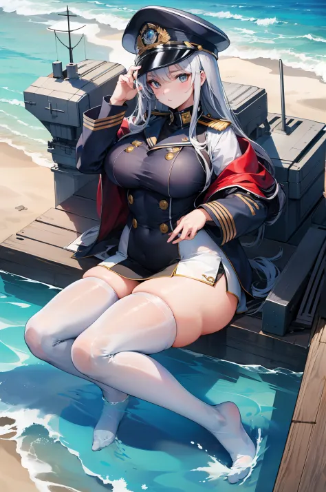 illustratio、(top-quality)、(((​masterpiece)))、(Hi-Res)、Original、(1womanl)、A sexy、Thick、Big body、silber hair,Navy Uniform、Miniskirt,White cap,thighhigh,,(Sea),battleship