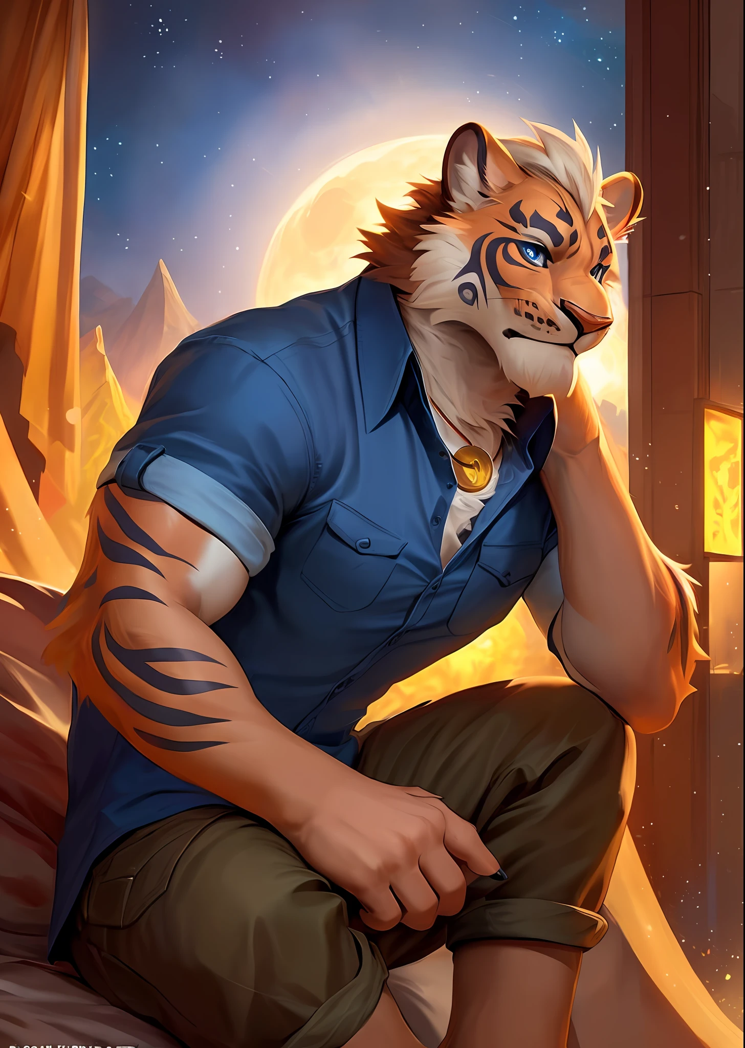 uploaded on e621, by Pixelsketcher, by Bayard Wu, by Thomas Benjamin Kennington , by Einshelm,
solo, with ((neck tuft)) and (fluffy tail) and ((clear navy blue eyes)), (( portrait)), BREAK,
((collared blue shirt)), (detailed Chunie lion), (detailed Bonifasko lighting), (detailed fur), (detailed skin), BREAK,
((sitting at community on full moon night)), (cinematic lighting), ((detailed background)), (half body shadow),
[backlighting], [crepuscular ray], [detailed ambient light], [gray natural lighting], [ambient light on the belly], (higher wildlife feral detail),
[realistic proportions], [explict content], [sharp focus], (questionable content), (shaded), ((masterpiece)), BREAK,  lin-hu, muscular, muscular male, jewelry, necklace,