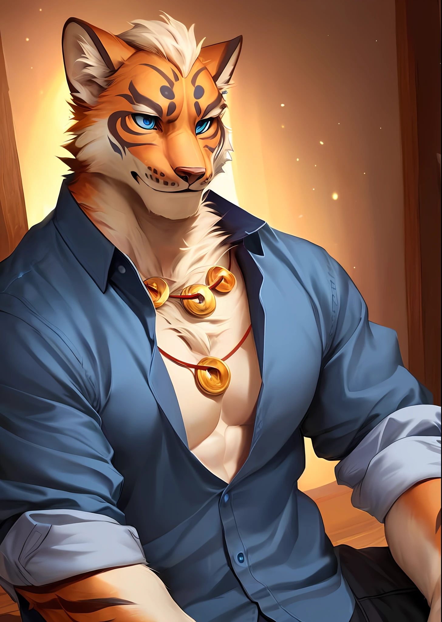 uploaded on e621, by Pixelsketcher, by Bayard Wu, by Thomas Benjamin Kennington , by Einshelm,
solo, with ((neck tuft)) and (fluffy tail) and ((clear navy blue eyes)), (( portrait)), BREAK,
((collared blue shirt)), (detailed Chunie feral fox), (detailed Bonifasko lighting), (detailed fur), (detailed skin), BREAK,
((sitting at community on full moon night)), (cinematic lighting), ((detailed background)), (half body shadow),
[backlighting], [crepuscular ray], [detailed ambient light], [gray natural lighting], [ambient light on the belly], (higher wildlife feral detail),
[realistic proportions], [explict content], [sharp focus], (questionable content), (shaded), ((masterpiece)), BREAK,  lin-hu, muscular, muscular male, jewelry, necklace,