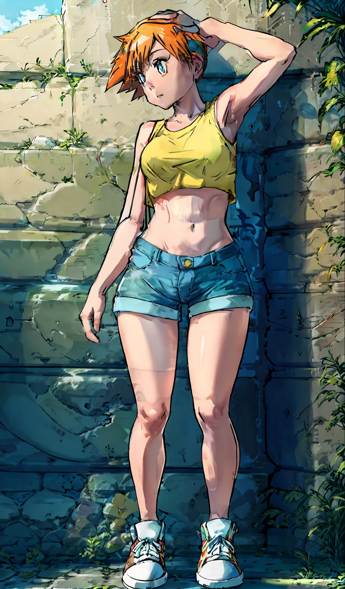 A close up of a woman in shorts and a yellow top - SeaArt AI