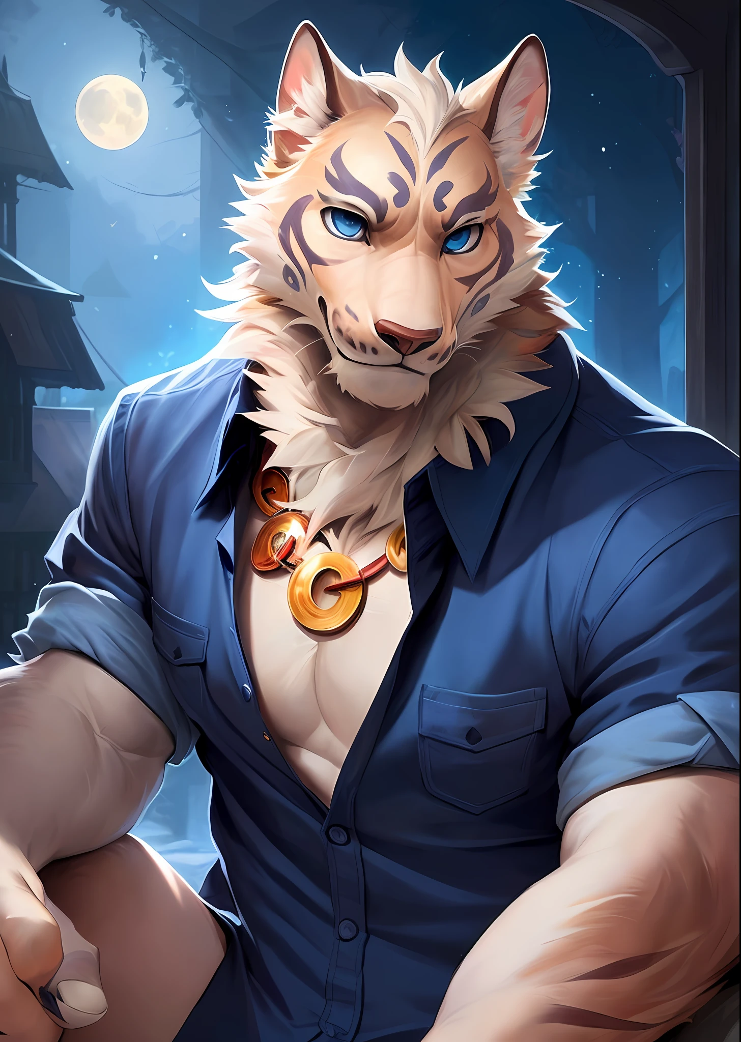 uploaded on e621, by Pixelsketcher, by Bayard Wu, by Thomas Benjamin Kennington , by Einshelm,
solo, with ((neck tuft)) and (fluffy tail) and ((clear navy blue eyes)), ((portrait)), BREAK,
((collared blue shirt)), (detailed white wolf), (detailed Bonifasko lighting), (detailed fur), (detailed skin), BREAK,
((sitting at community on full moon night)), (cinematic lighting), ((detailed background)), (half body shadow),
[backlighting], [crepuscular ray], [detailed ambient light], [gray natural lighting], [ambient light on the belly], (higher wildlife feral detail),
[realistic proportions], [explict content], [sharp focus], (questionable content), (shaded), ((masterpiece)), BREAK,  lin-hu, muscular, muscular male, jewelry, necklace,