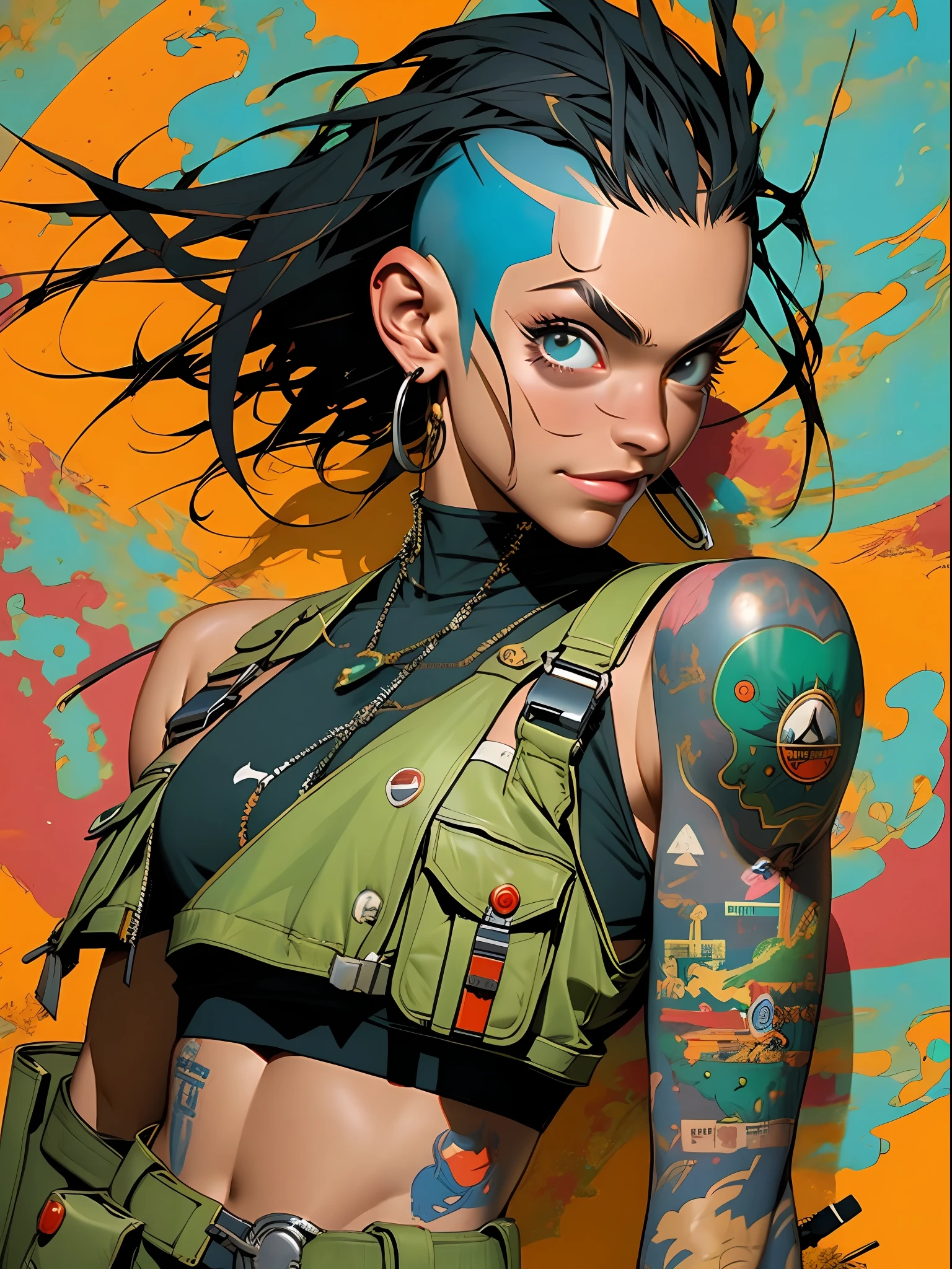 corpo inteiro, master part, best quality, super detalhe, 8k, mulher linda, Tank Girl com cara de maluca, sorriso malicioso , cabelo moicano colorido, garota punk, post-apocalyptic world, (( menina do tanque )), Nijistyle, roupas rasgadas e sujas, moicano curto, sides of shaved head, rosto limpo