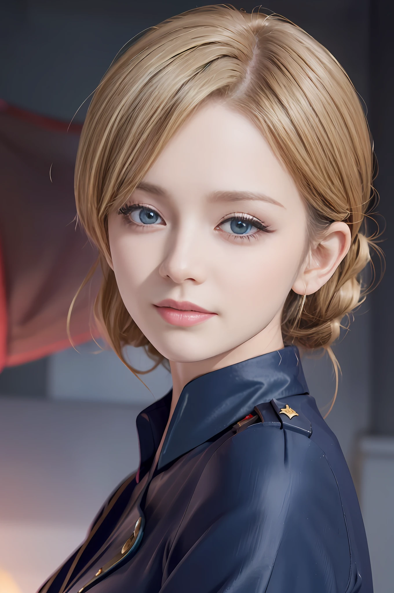 Masterpiece, 8K, 3D, Realistic, Ultra Micro Photography, Best Quality, Official Art, Real Realism, Daylighting, Vibrant Colors, Daylighting, Theatrical Lighting, (Full: 1.3)), Dynamic Angle, (1 Female))), 28 years old, ((((Red Military Uniform: 1.6))))), (Girls & Panzer)), ((Darjeeling: 1.6)),((Gibson Tuck: 1.2)), ( Bright blonde hair))),tall, small face, perfect proportions, pretty face,seductive smile,((blue eyes, beautiful face, beautiful eyes)))), wet eyes, glowing eyes, thin face, thin lips, narrow eyes, thin and sharp pale eyebrows, long eyelashes, long lower eyelashes, double eyelids, (large breasts),big, thin and muscular, black long boots, British guard, ( Dynamic and realistic clear sky, strong sunlight: 1.2), loneliness, blush, shyness, TO8 contrast style, delicate clothing wrinkles, (incredible shadows), DSLR, Fujifilm XT3, sharp focus: 1.0, maximum clarity and sharpness, accurate simulation of light-matter interaction