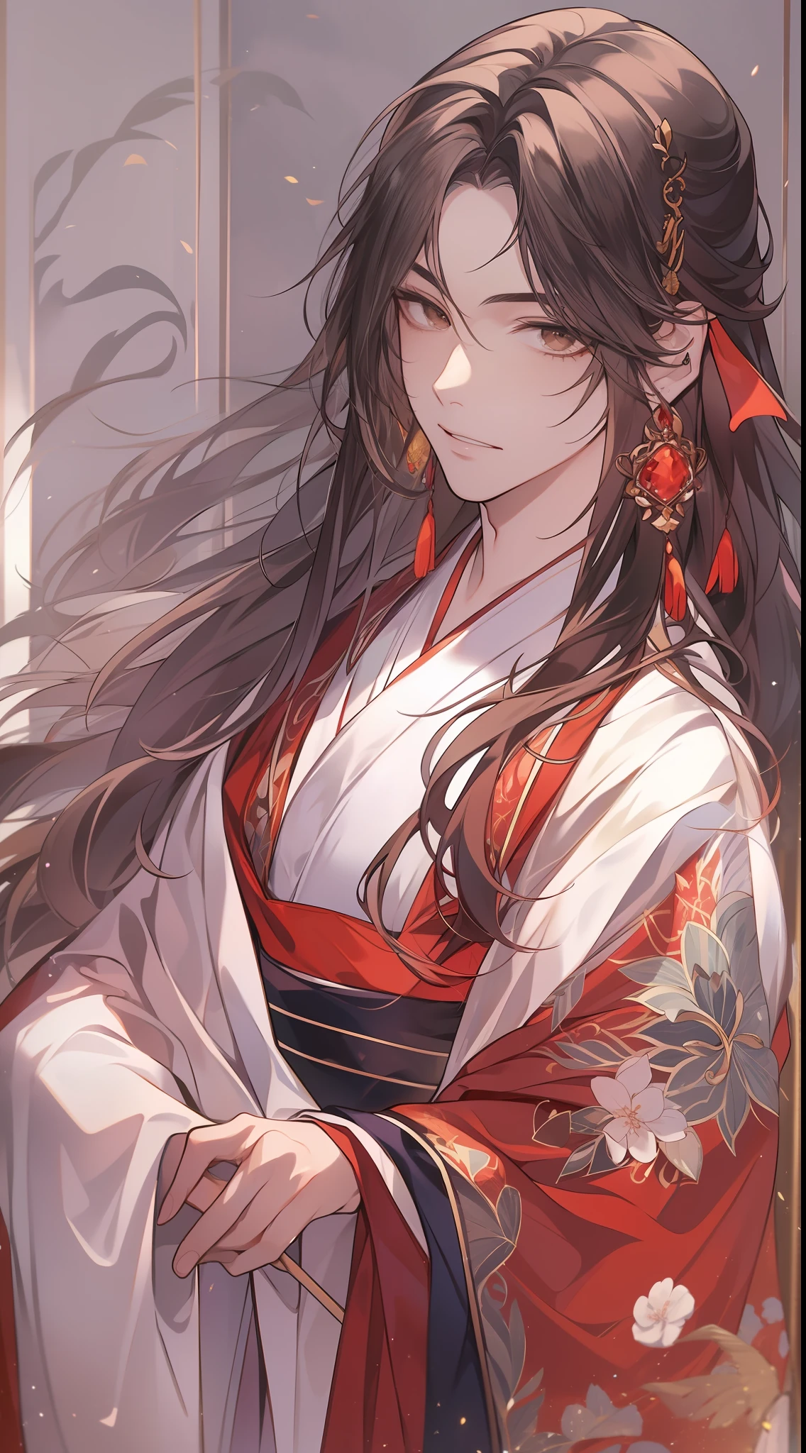 Libido boy，Handsome，Brown hair long，Shawl hair，long hair flowing，Be red in the face，Perfect facial features，Affectionate，gentleness，Staring，Rich in detail，wearing a hanfu，(((Folding fan in hand)))，(((He wears a red earring on his right ear)))，high qulity，电影灯光，Best picture quality，looks into camera，A high resolution，Large-sleeved skirt，