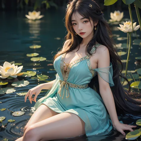 Sitting by a lake full of lotus flowers, her feet playing in the water, the art depicts a charming woman with a melon face, dressed in a flowing, silky traditional oriental dress, long, aqua blue, decorated with intricate patterns and bright colors. Her dr...