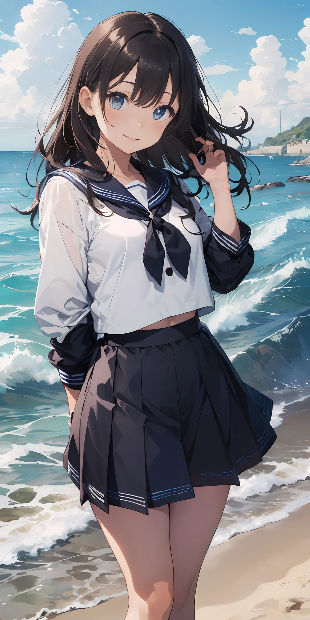 1girll, Beautiful detailed eyes, Brown hair long, Light blue eyes, a sailor suit, High white stockings, Glossy glossy skin, Seaside, beach, Waves, High contrast,ssmile，Side Body，Turn Back，no head gear，Black JK skirt ，((Masterpiece, Best quality))