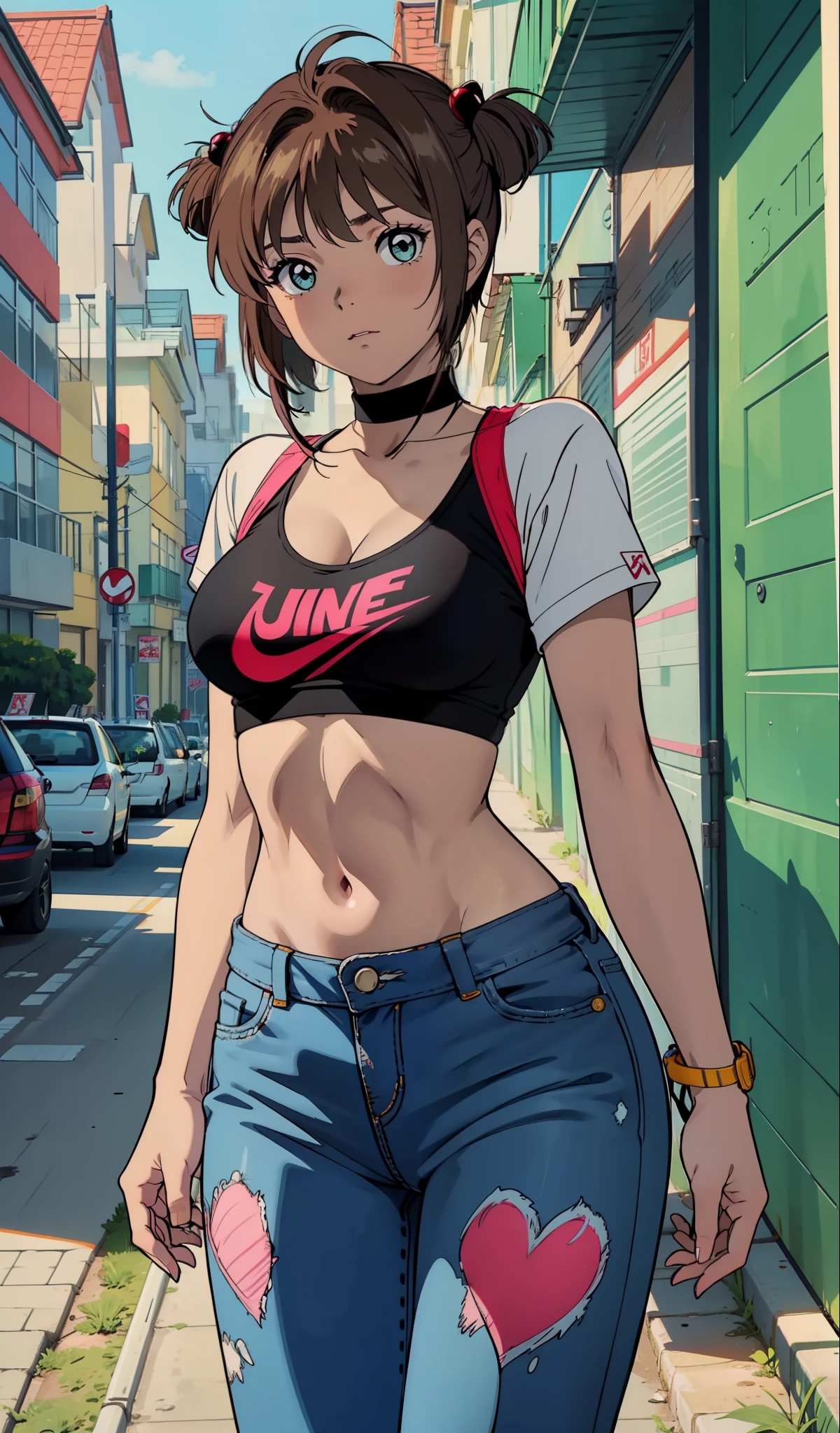 A woman in a black top and jeans standing on a sidewalk - SeaArt AI