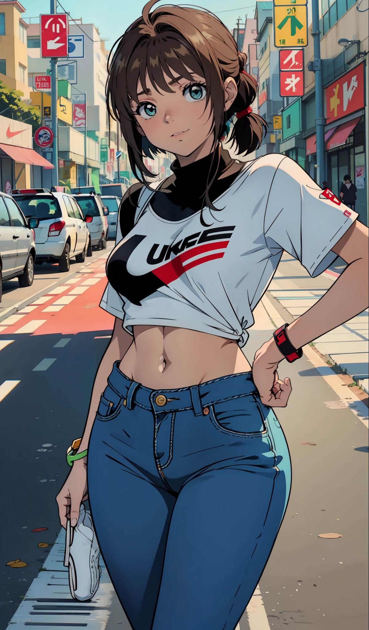 A woman in a white shirt and jeans standing on a street - SeaArt AI