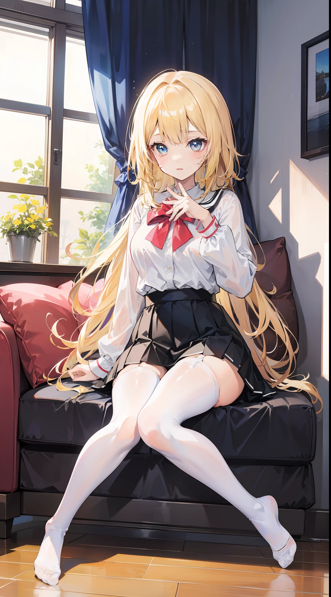 Masterpiece（（tmasterpiece）），White color blouse（（black micro skirt）），（（White transparent stockings）），（No shoes on），adolable，Raised sexy，is shy，（Long yellow）Hair，Red bow