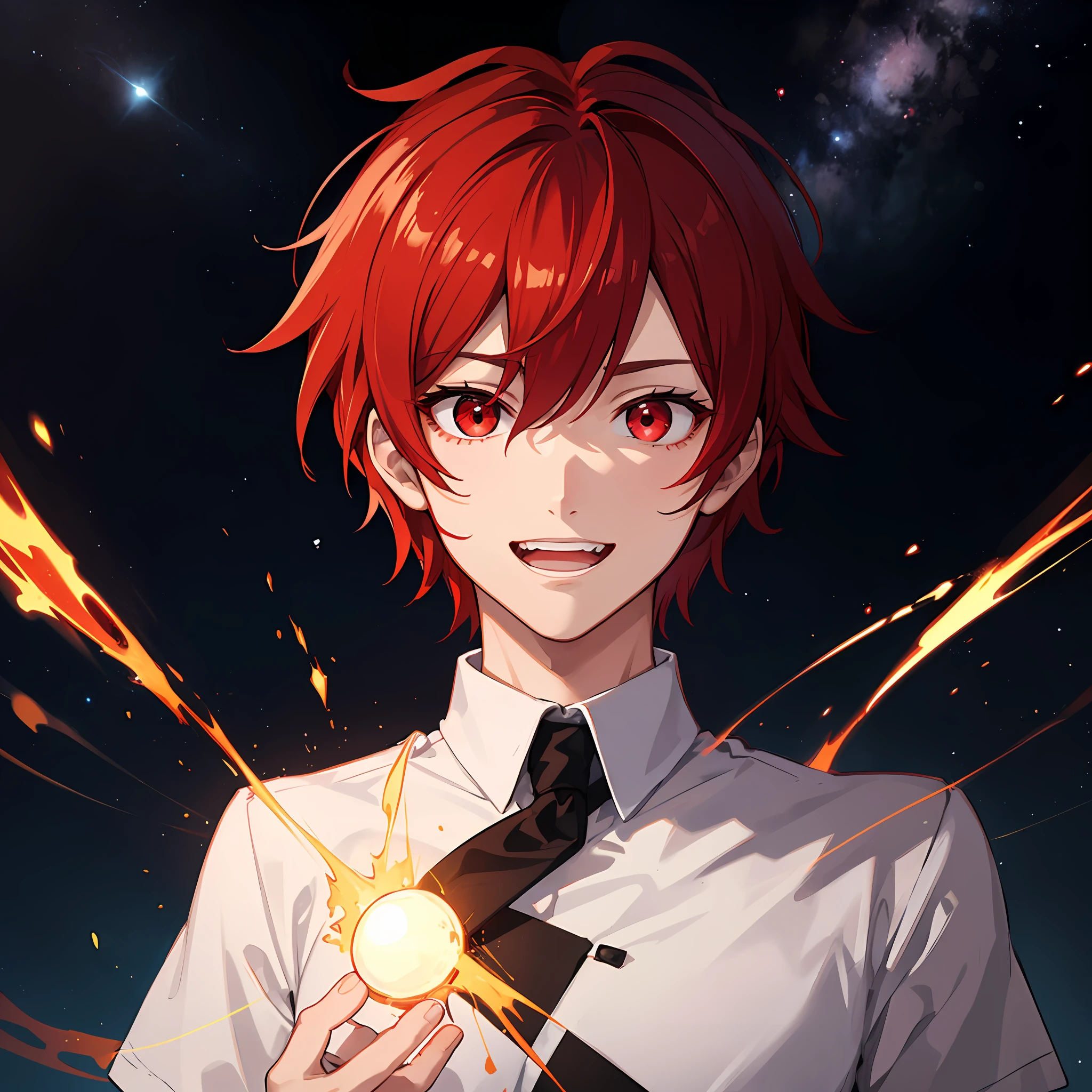 top-quality、ultra-detailliert、animesque、red eyes、Red-haired、Partially black hair、1 male、Crazy smile、White teeth、Red glowing red eyes、spacetime、shock waves、kosmos、short-hair、Men's Hairstyleedium hair