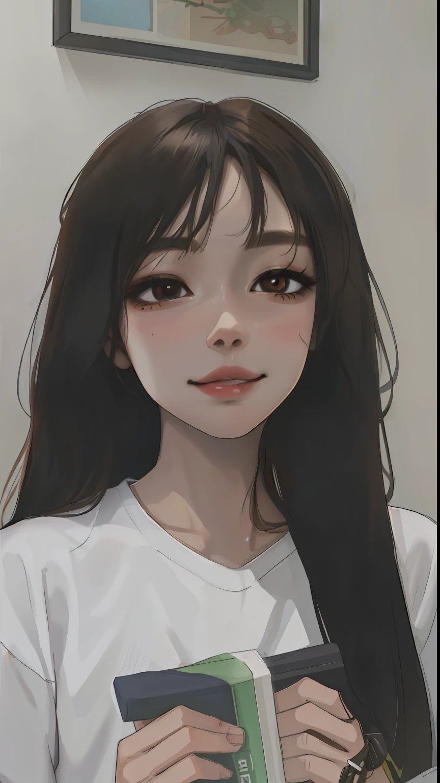 anime girl, brown skin, seductive smirk, 18 year old, long black hair, brown seductive eyes, kpop idol, anime, intricate detailing, clean lines, milf