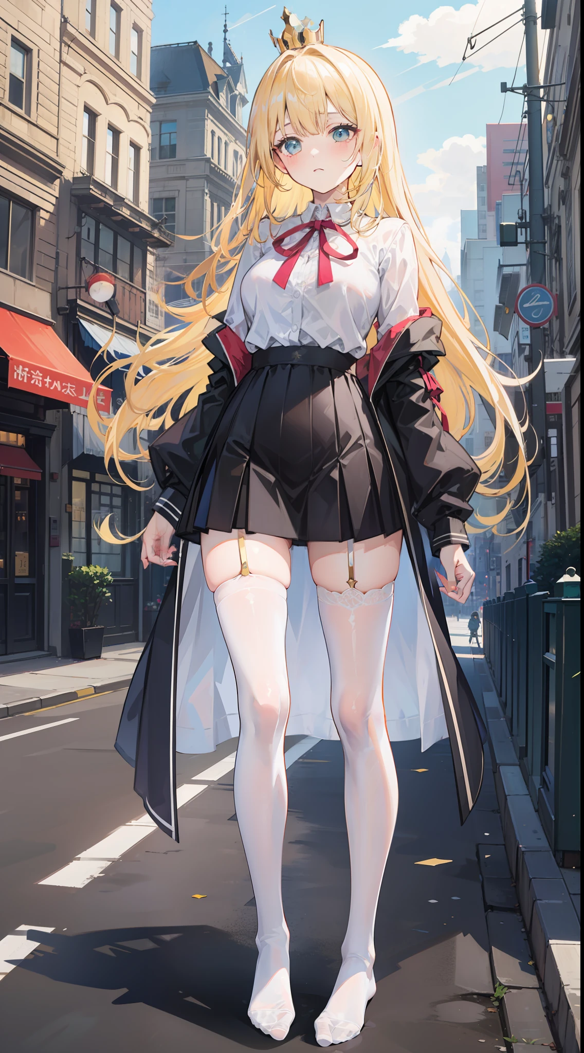 Masterpiece（（tmasterpiece）），White color blouse（（black micro skirt）），（（White transparent stockings）），（No shoes on），adolable，Raised sexy，is shy，（Long yellow）Hair，Red bow，（Crown tiara on the head），On the street，There are people around