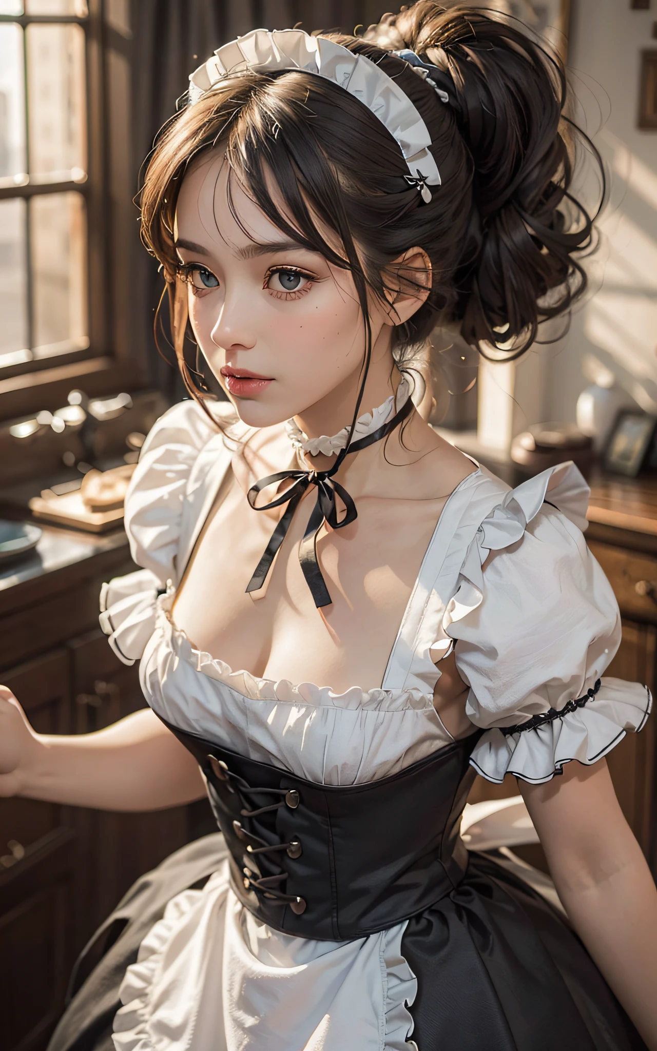 (Raw foto:1.2), ​masterpiece, At 8K, hight resolution, (Photorealsitic:1.4), cowboyshot, extremely detailed eye and face, beatiful detailed eyes, Realistic face, hight resolution, ighly detailed, top-quality, ​masterpiece, ighly detailed, magnifica, mansion, top-quality, poneyTail, (Mole:0.5), a 20 yo woman, (ssmile:0.5), Head dress, a black ribbon, puff sleeves, collars, a choker, Apron with detailed ruffles, Black Maid Costume,  half updo, 8K, full back panties