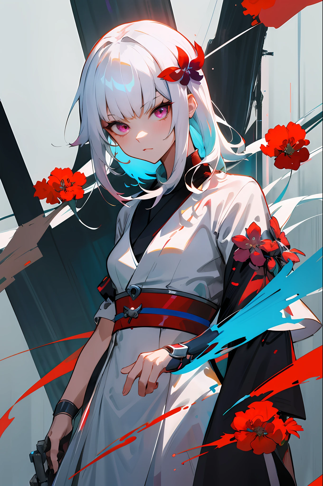 chica de anime con cabello blanco y un vestido blanco con flores rojas, obra de arte al estilo de guweiz, estilo animado 4 k, guweiz, digital arte del anime ciberpunk, geisha ciberpunk, chica anime ciberpunk, ciberpunk digital - arte anime, anime ciberpunk, estilo animado. 8K, arte del anime ciberpunk, estilo de arte ciberpunk, chica soñadora cyberpunk