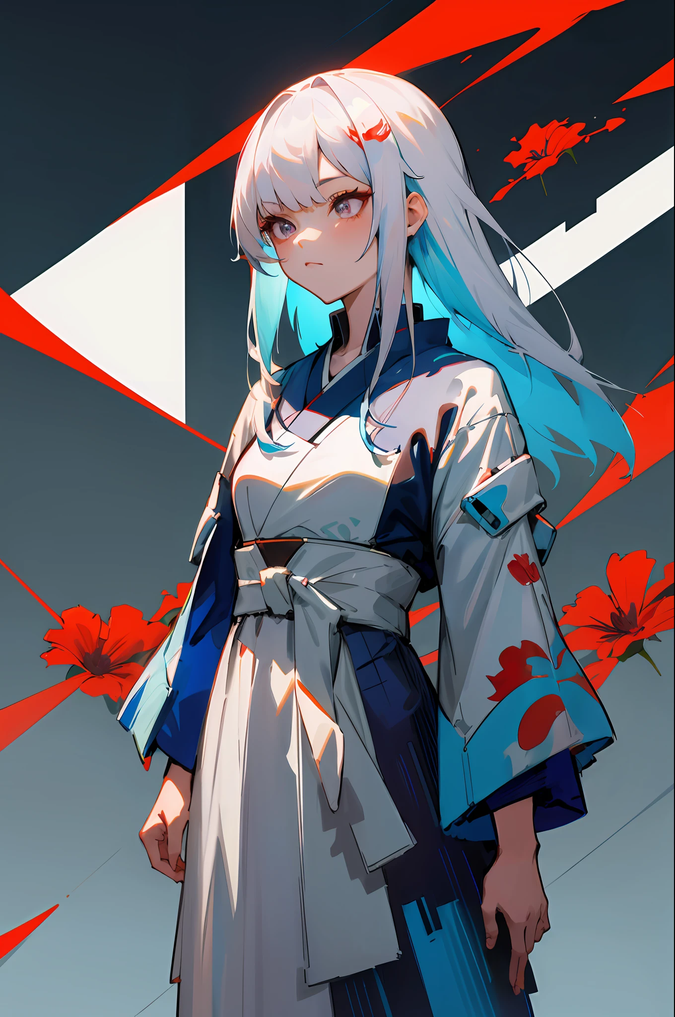 une fille d'anime avec des cheveux blancs et une robe blanche avec des fleurs rouges, oeuvre d&#39;art dans le style de guweiz, Style animé 4 k, guweiz, digital art animé cyberpunk, Geisha cyberpunk, fille animée cyberpunk, cyberpunk numérique - art anime, art cyberpunk animé, Style animé. 8k, art animé cyberpunk, style artistique cyberpunk, fille cyberpunk rêveuse