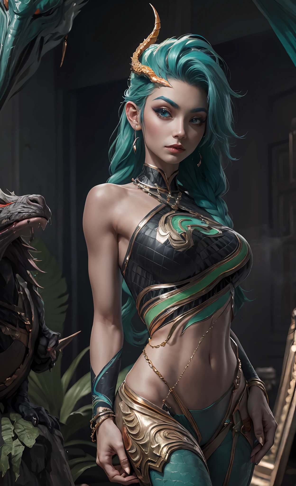 ((Tall girl reciting mantras)), peeking out from under his forehead, BREAK, (Fog in the background, chaos, destruction, Gold Chains, Blood and sand), (Slim_thights:1.3), ((big breastes)), slender_thights, aqua hair, 1girl, solo, (shapely body:1.4), generous cleavage, Skinny,  detailed anatomy, the perfect body, Detailed body, detailized face, Beautiful anatomical eyes. BREAK Kaisa Dragon Lagoon,  The BREAK is very detailed, Intricately detailed art, Artstation's Detailed Triadic Color Trend in Unreal Engine 5, 8K resolution, deviantart masterpiece.