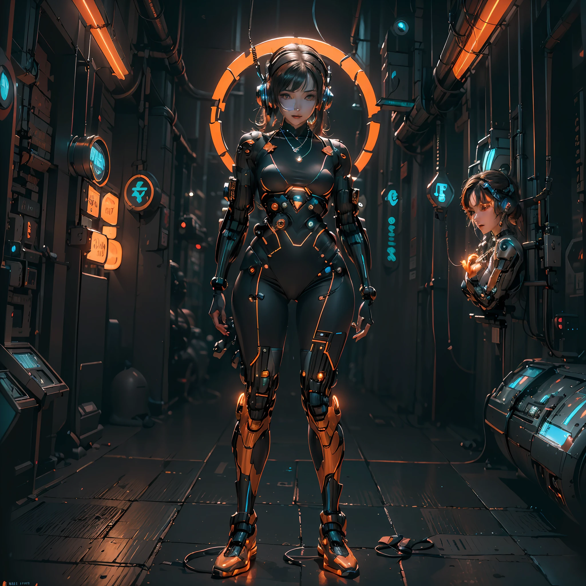 1Mädchen，(cyber punk perssonage:1.3)，Bringen Sie Kopfhörer mit，Beleuchteter Helm und Kopfhörer，leuchtender Schmuck，leuchtende Ohrringe，leuchtende Halskette，drinnen im Zimmer，Elektronischer Drahthintergrund，beste Qualität，Meisterstück，Filmfilter-Voreinstellung für Beleuchtung auf Filmniveau，c4d-Rendering，Rendering von Octane，mit Licht leuchten，((Orangefarbenes Licht))，(Ganzkörperesbian:1.5)，slender leg，perfekter Fuß，hohes Hell-Dunkel，(Es gibt kein Licht im Gesicht :1.5)