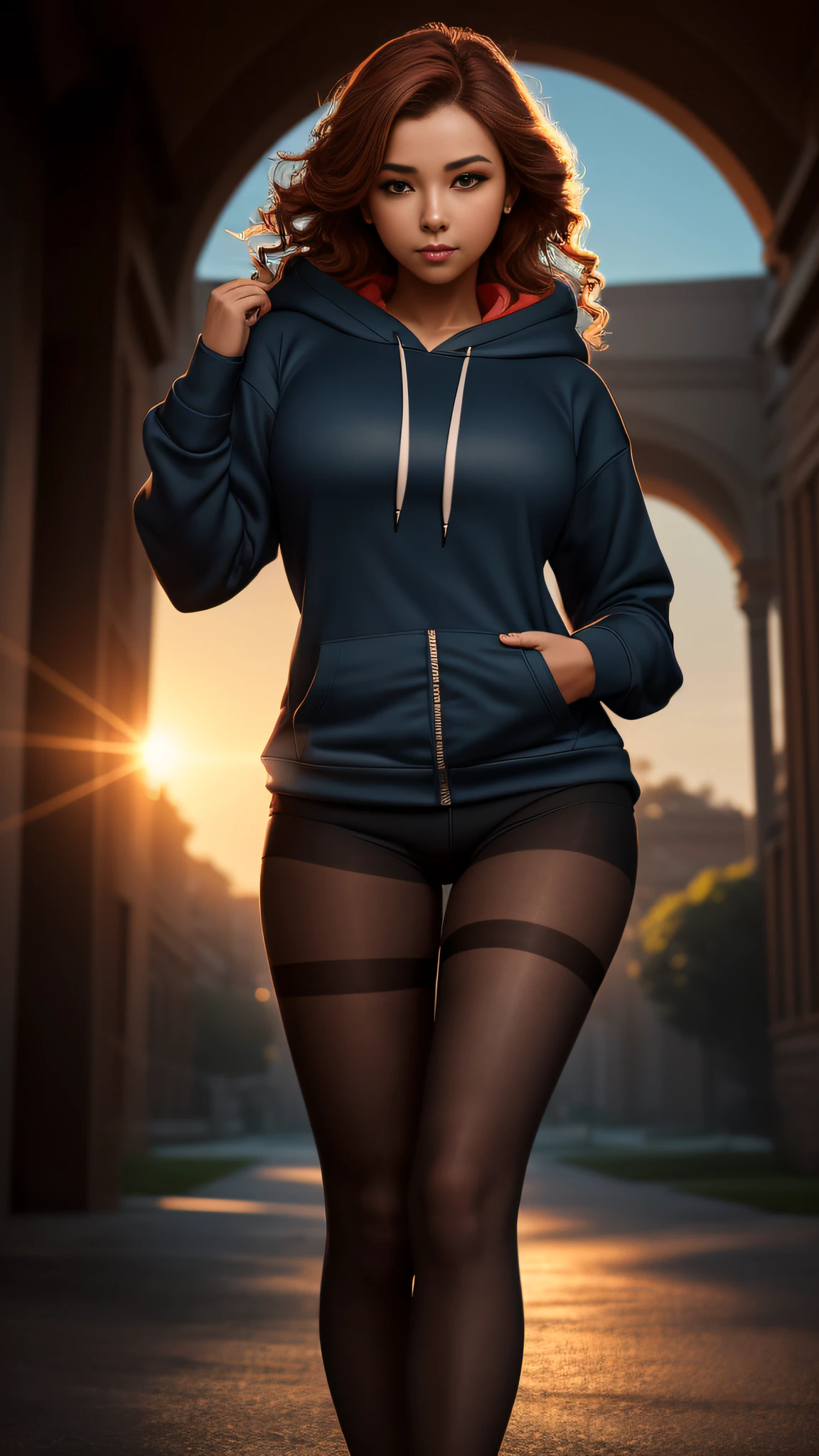 A woman in tights and a hoodie poses for a picture - SeaArt AI