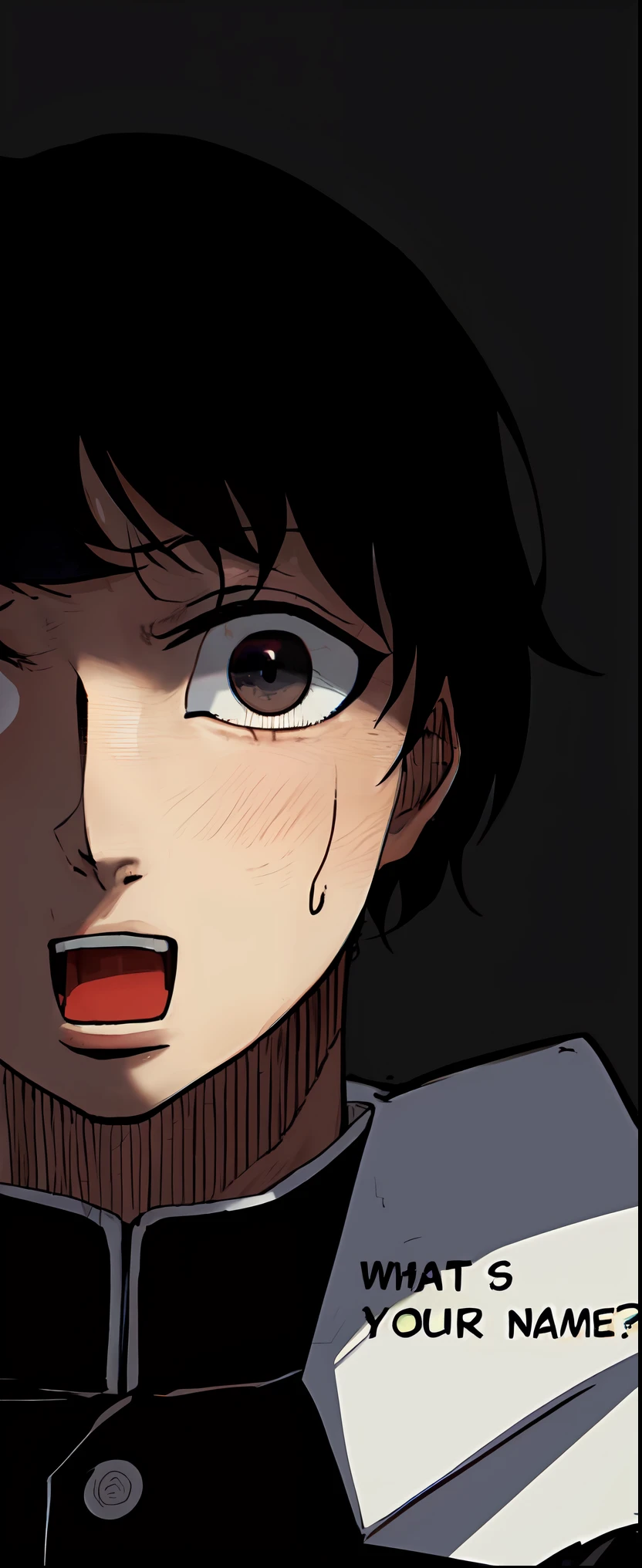 a anime of a man with black hair, black eyes, close up, half face, black shirt uniform school, open mouth, shocekd, sweatdrop, color manga, manga color, color manga, color manga panel, simple background, a white background