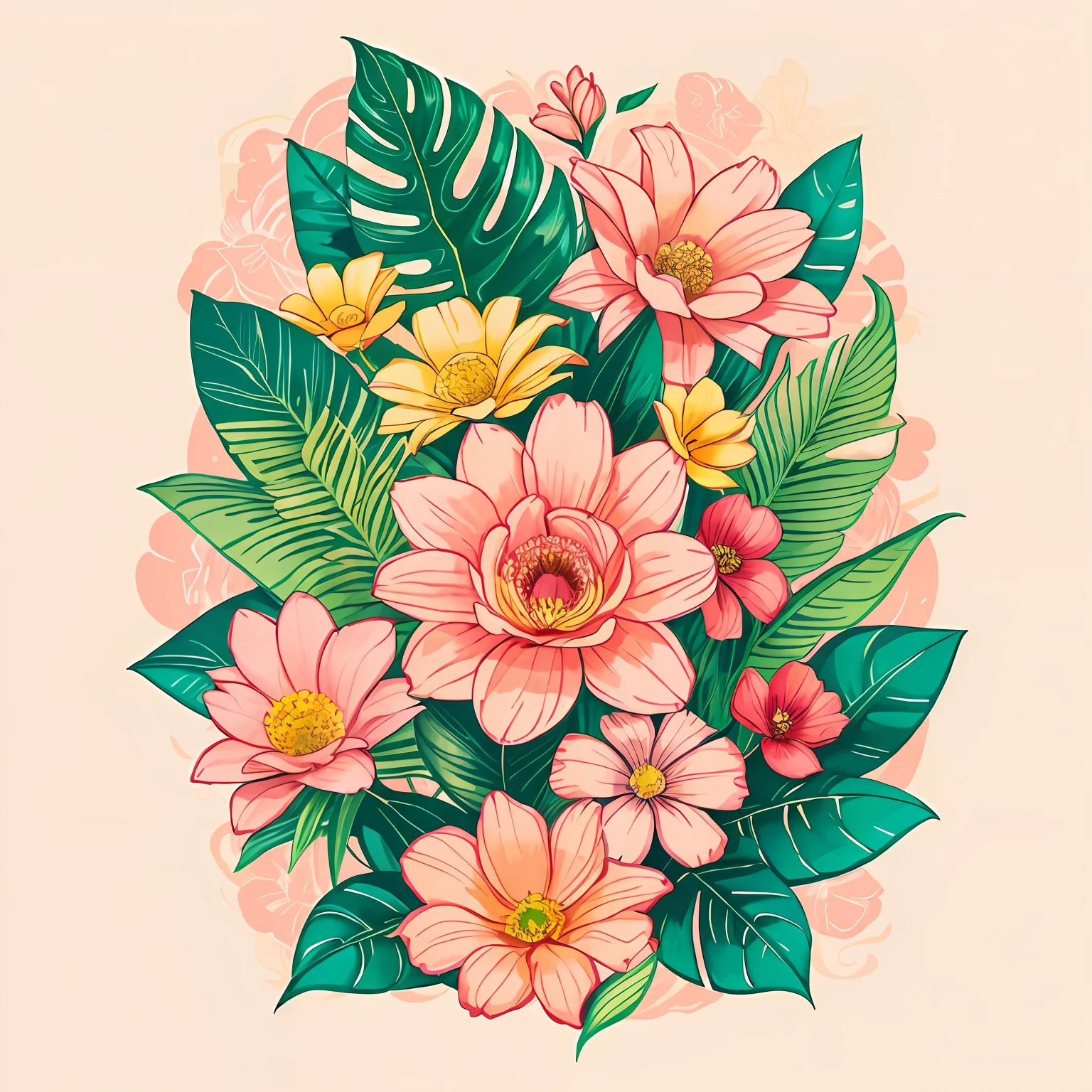 florales，Impresión，beige suave，rosa pastel，plantas tropicales,ilustración plana，GUI，maximalismo，combinación de colores brillantes
