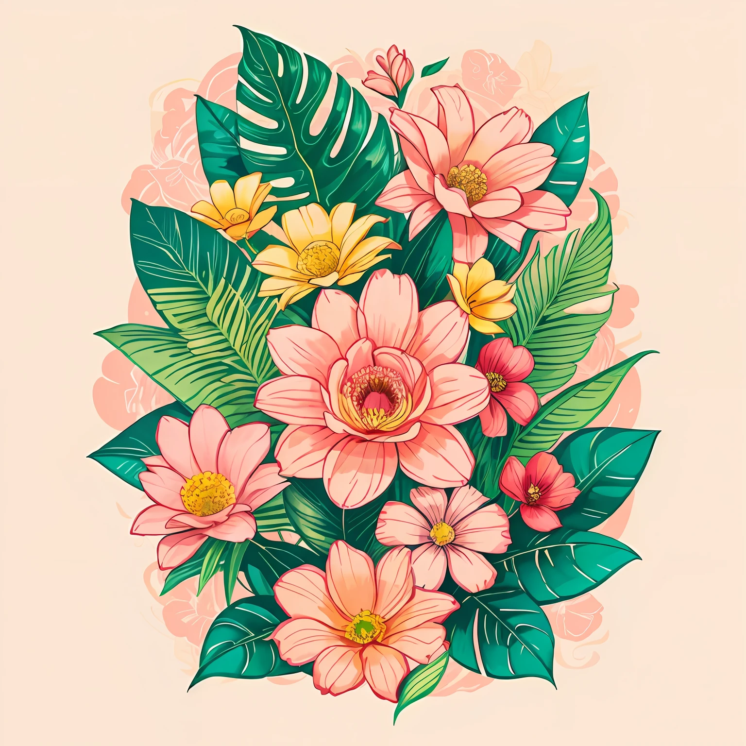 Blumen，Drucken，Soft beige，pastel pink，tropische Pflanzen,Flache Illustration，Benutzeroberfläche，Maximalism，Helles Farbschema