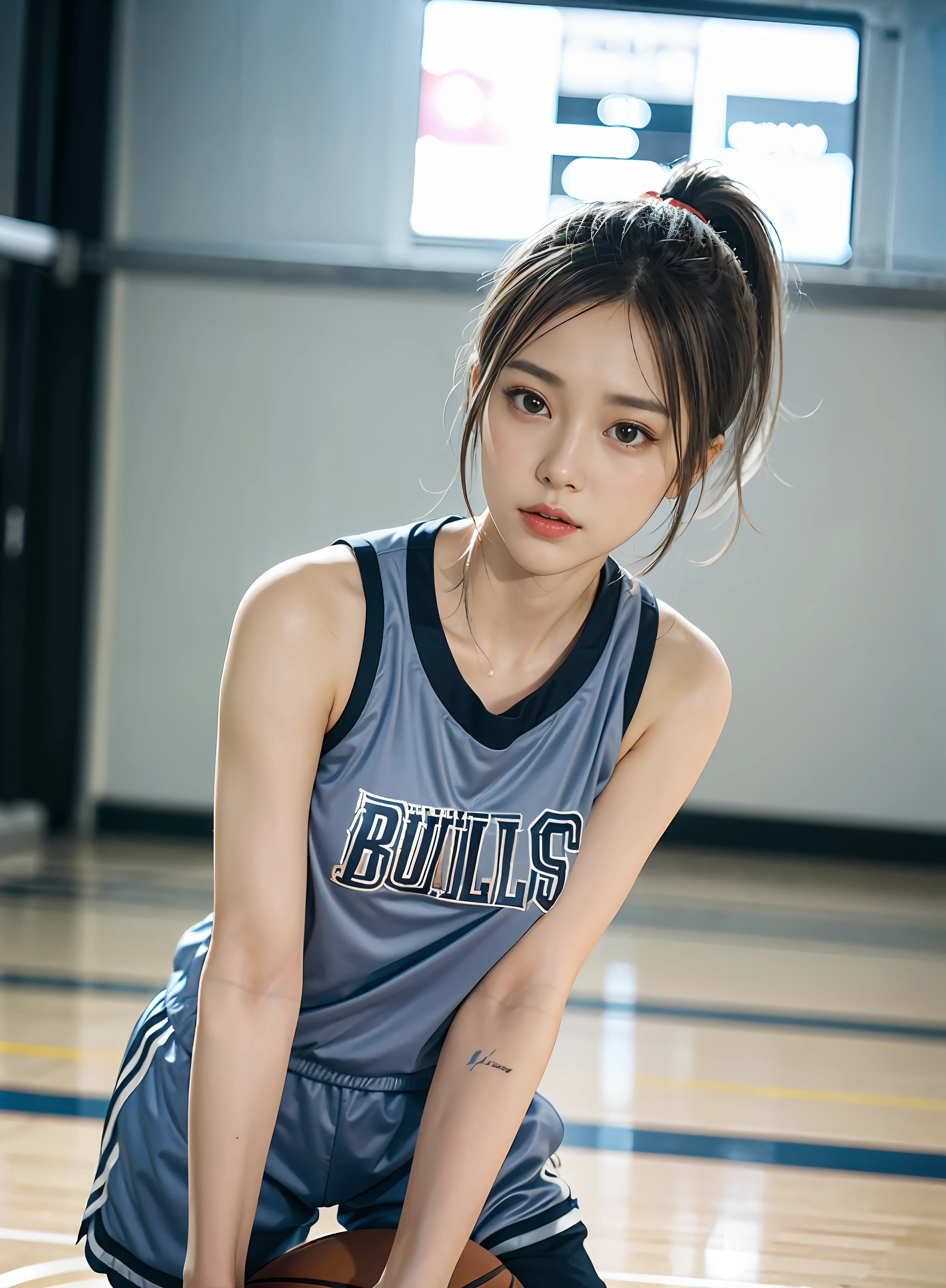 A beautiful woman，18 years old，Wear a white and red NBA Bulls basketball shirt，Run and dribble quickly on the basketball court，With black-rimmed glasses，Full audience，（8k，best qualtiy，tmasterpiece：1.2），（realisticlying，realisticlying：1.37），ultra - detailed，best qualtiy，Ultra-high resolution，profesional lighting，photon maping，Radio City，physically-based renderingt，cinmatic lighting，basketball playground,depth of fields,Clear focus,rays of sunshine,well-composed,(bokeh:1.2) ,独奏,(full bodyesbian), Beautiful and delicate eyes, Loose basketball uniform, (Short silver-white hair：2)，，Hair tied in a ponytail，(ulzzang-6500:1.2) mix4, hiqcgbody