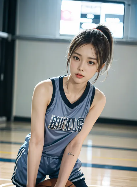 A beautiful woman，18 years old，Wear a white and red NBA Bulls basketball shirt，Run and dribble quickly on the basketball court，W...