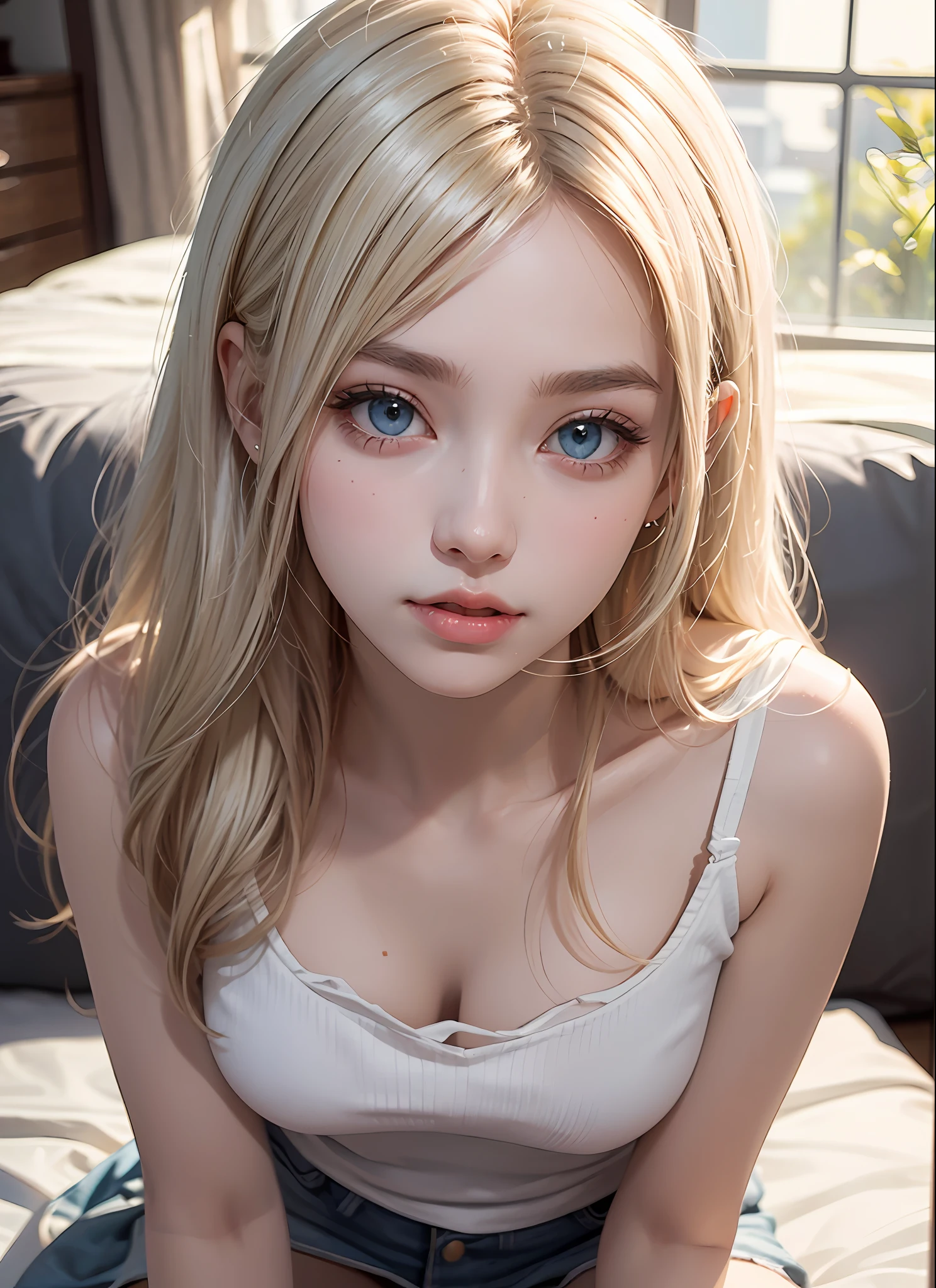 A close up of a woman with long blonde hair sitting on a bed - SeaArt AI