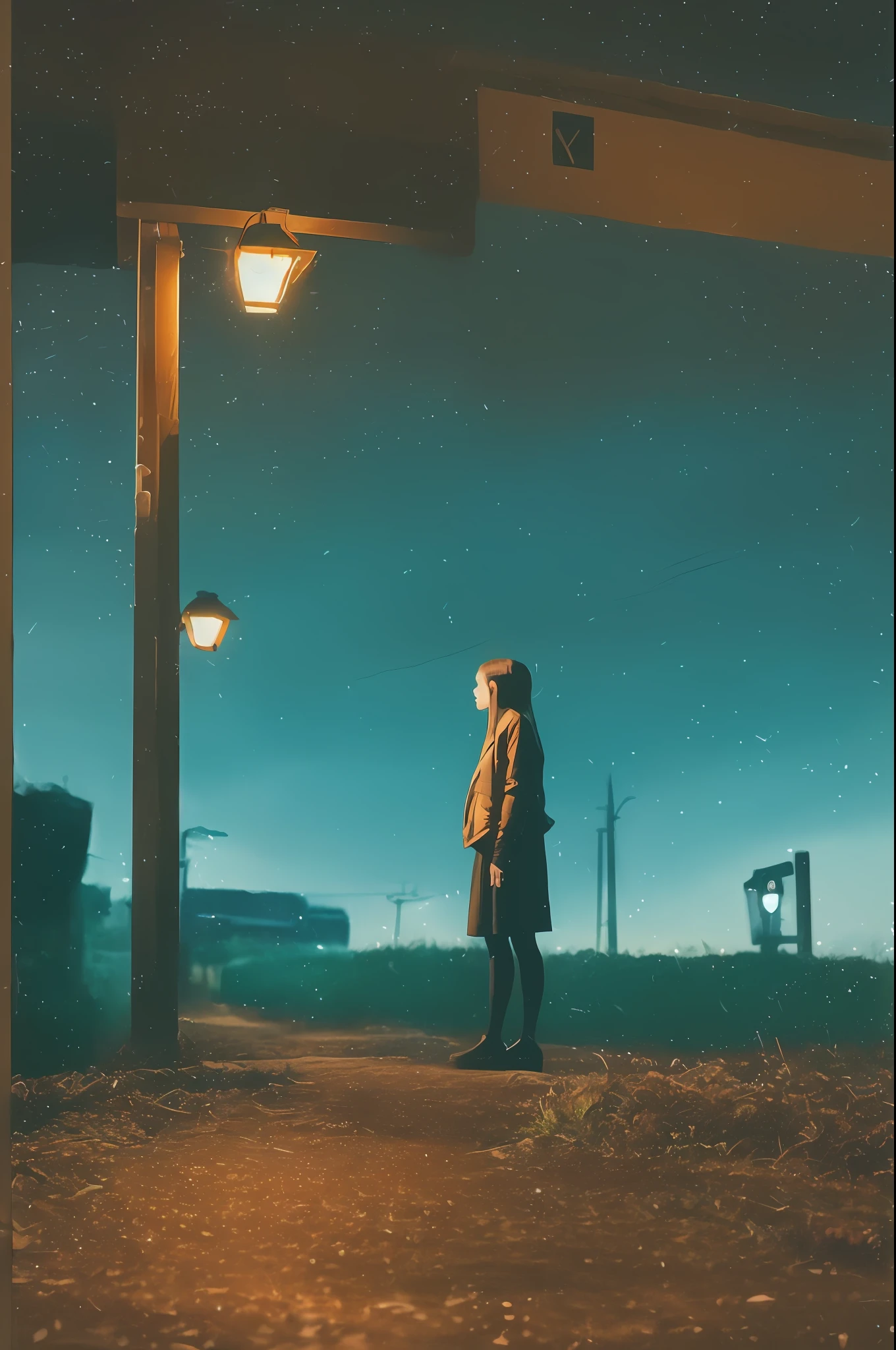 老人の前に一人で立っている少女, みすぼらしい, unlit transit station in a deserted countryside on a 暗い 夜, フィルムグレイン, 被写界深度, アナログフィルムスタイル, 鮮やかな色, 1人の女の子, 細身の体, 全身, 美しい目, 美しい左右対称の顔, ポニーテール, 前髪, ブラウス, スカート, 霧, (夜, 暗い, 暗い photo, 粒状, 薄暗いです:1.3), (傑作:1.2), 最高品質, 高品質, (現実的), (不条理な:1.2), 超高解像度, ultra現実的, ノイズ