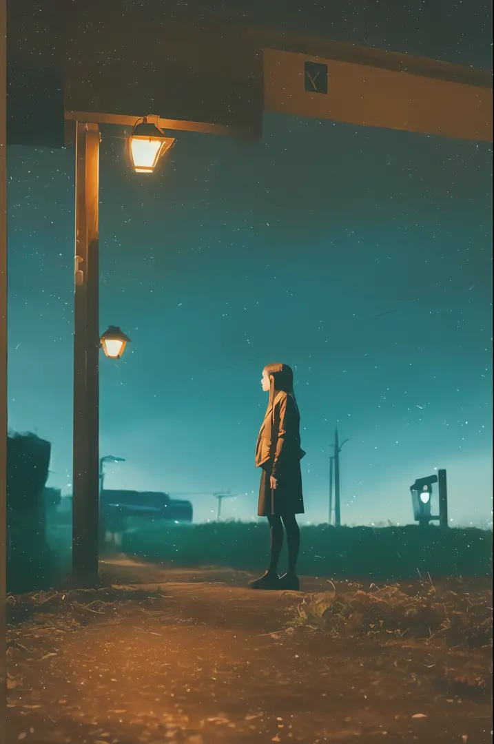 a girl standing alone in front of an old, shabby, unlit transit station in a deserted countryside on a dark night, film grain, d...