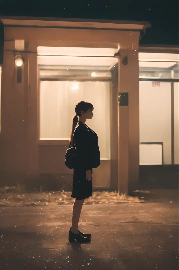 a girl standing alone in front of an old, shabby, unlit transit station in a deserted countryside on a dark night, film grain, d...