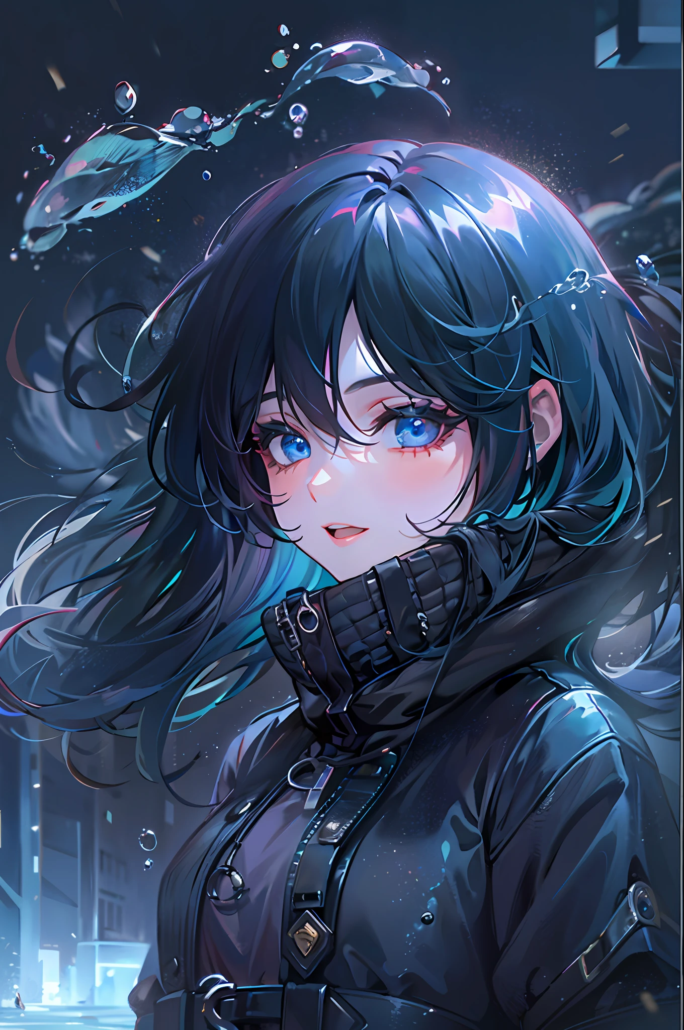((top-quality)), ((​masterpiece)), ((Ultra-detail)), (extremely delicate and beautiful), girl with, solo, cold attitude,((Black jacket)),She is very(relax)with  the(Settled down)Looks,A darK-haired, depth of fields,evil smile,Bubble, under the water, Air bubble,bright light blue eyes,Inner color with black hair and light blue tips,Cold background,Bob Hair,a miniskirt,tight skirts