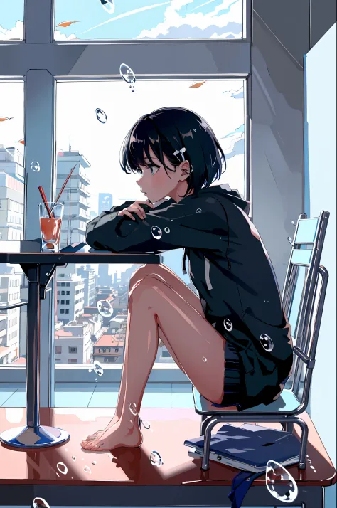 linear art, 
1girl in, Solo, Short hair, Black hair, Long sleeves, Sitting, Barefoot, Indoors, hoods, Bare legs, phone, The table, knees up, desk work, Fish, Bubble, under the water, Air bubble,