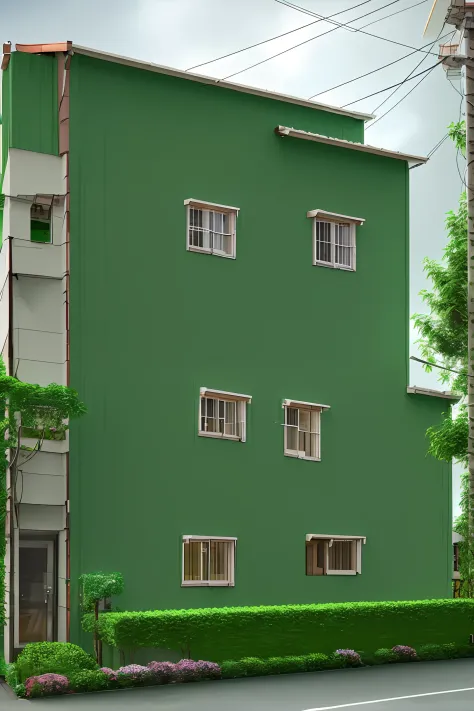House, flat viewpoint, thunderstorm weather, many plants around, main color green, 3d rendering