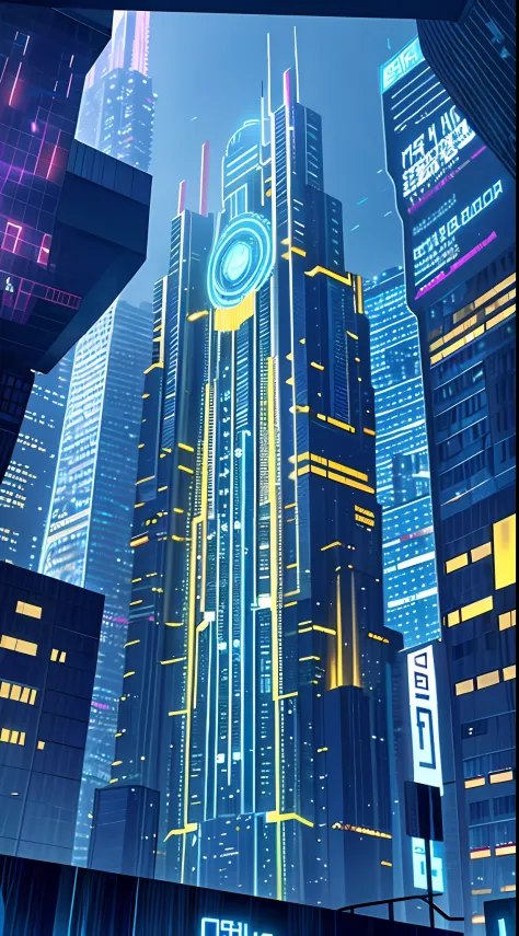 a building, technology elements，cinematic images, poster for, promotional movie poster, cyber city, cyber space