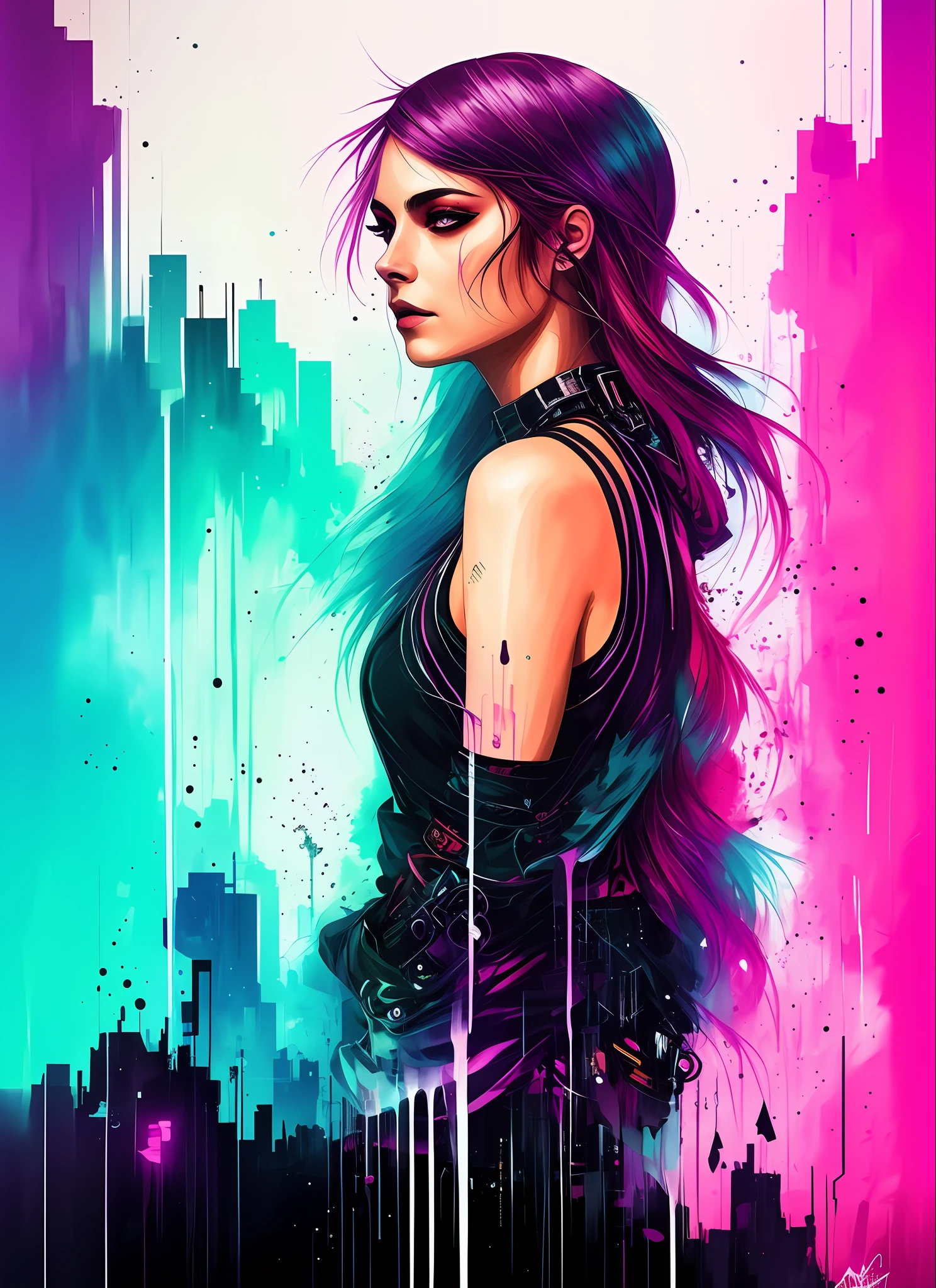 Synthwavea Woman в стиле Swpunk от Агнес Сесиль, светящийся дизайн, неоновые цвета, чернила капают, огни города киберпанк