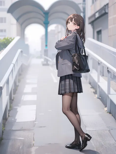 Long brown hair，JK school uniform，black pantyhoses，Black leather shoes，Look sideways at the audience