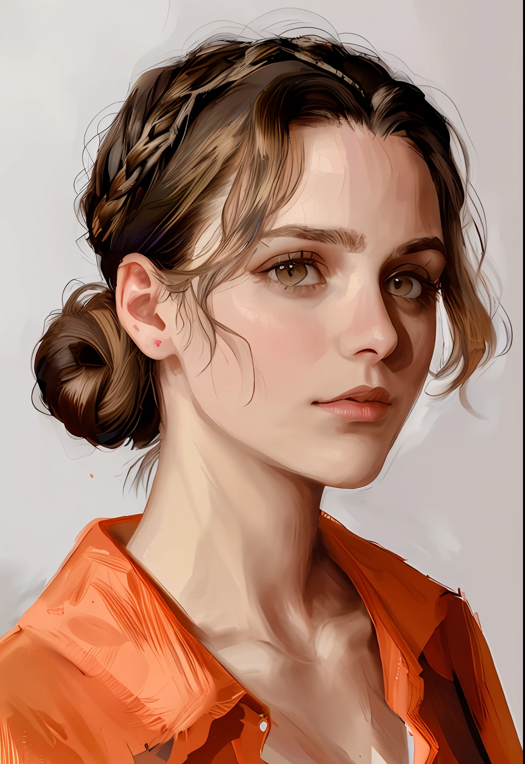 a woman with a messy bun in her hair, brown hair in two buns, girl with messy bun hairstyle, imperial and elegant hair style, straight low ponytail hair, Directed by: Anna Haifisch, By Irakli Nadar, Alexandra Waliszewska, hair styled into a bun, Ana Nikonova, hair tied in a bun