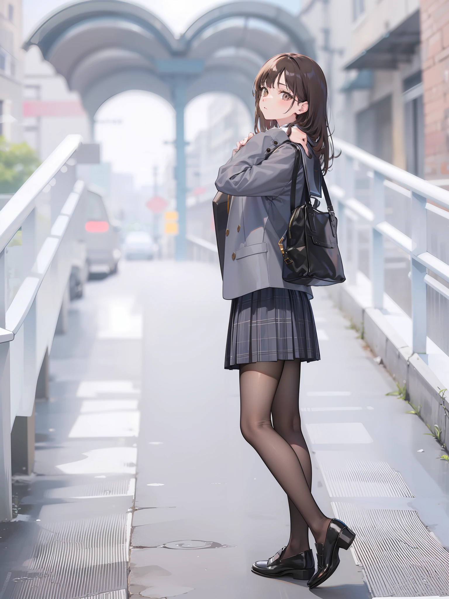 Long brown hair，JK school uniform，black pantyhoses，Black leather shoes，Look sideways at the audience