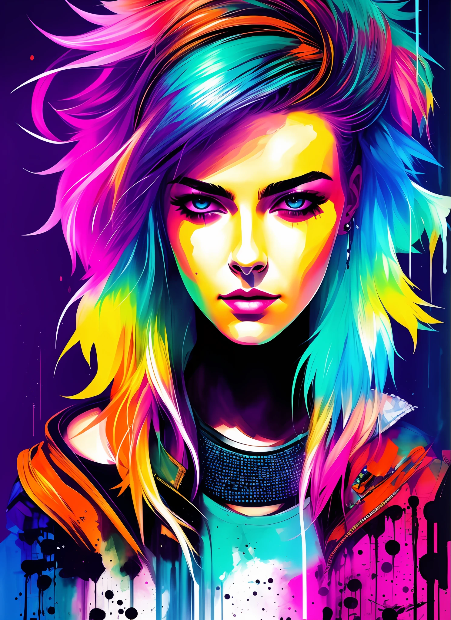 Synthwave-Frau im Swpunk-Stil von Agnes Cecile, leuchtendes Design, Neonfarben, Tinte tropft, cyberpunk city lights