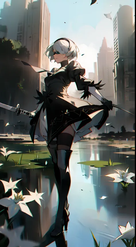 masterpiece, best quality, detailed face, extremely detailed, yorha no. 2 type b, 1girl, solo, absurdres, 8k, white hair, silver...